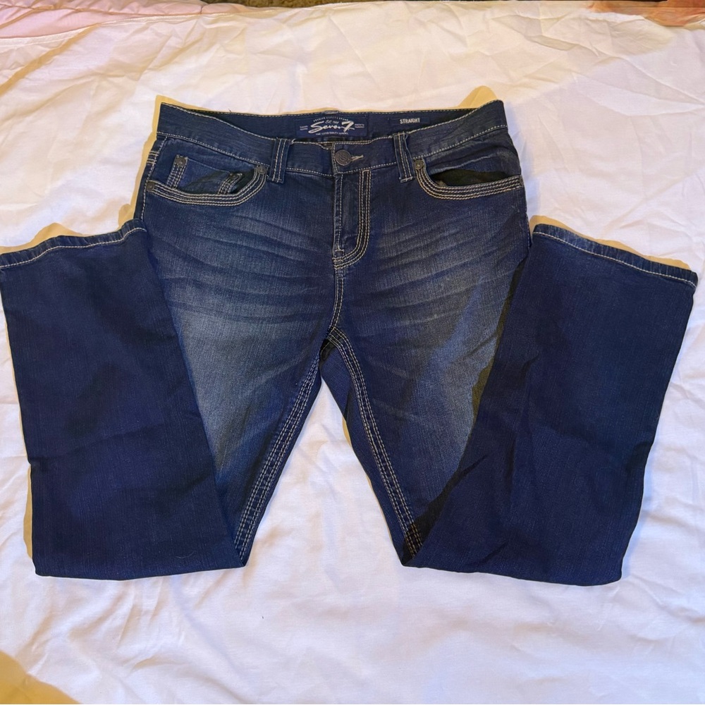 Seven7 Blue Straight Leg Jeans with Natural Wear Patterns